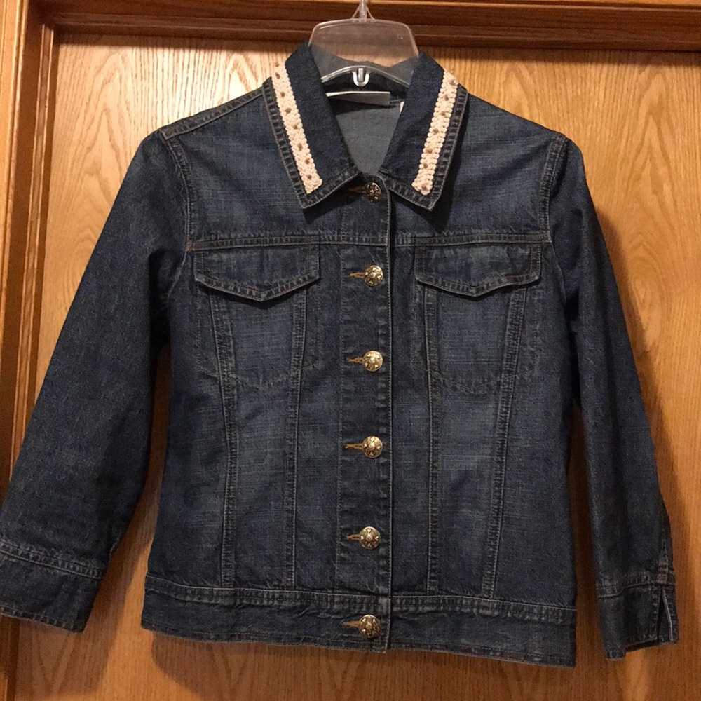 Vintage barn jean jacket macrame bead trim silver heart buttons 3/4 sleeve EUC